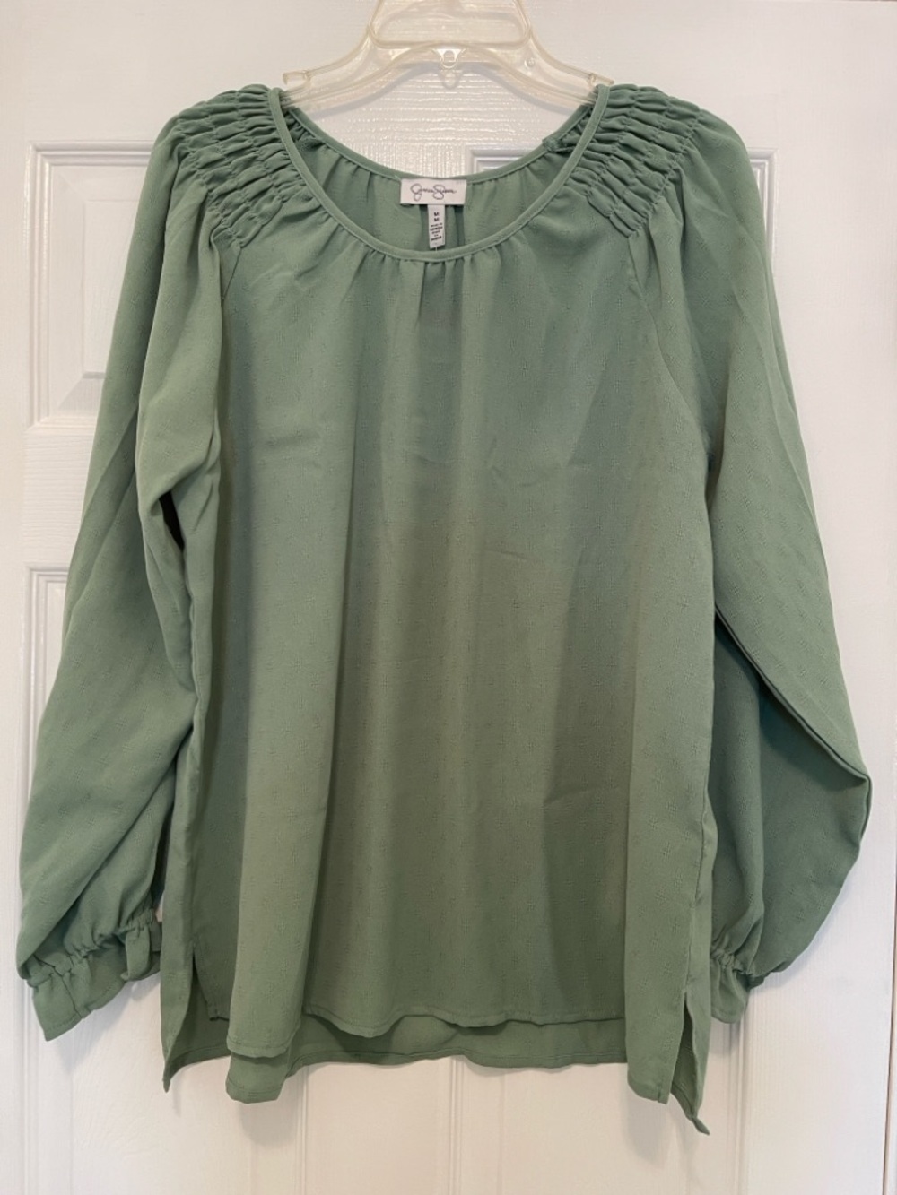Jessica Simpson Sage Green Smocked Shoulder Blouse, NWT